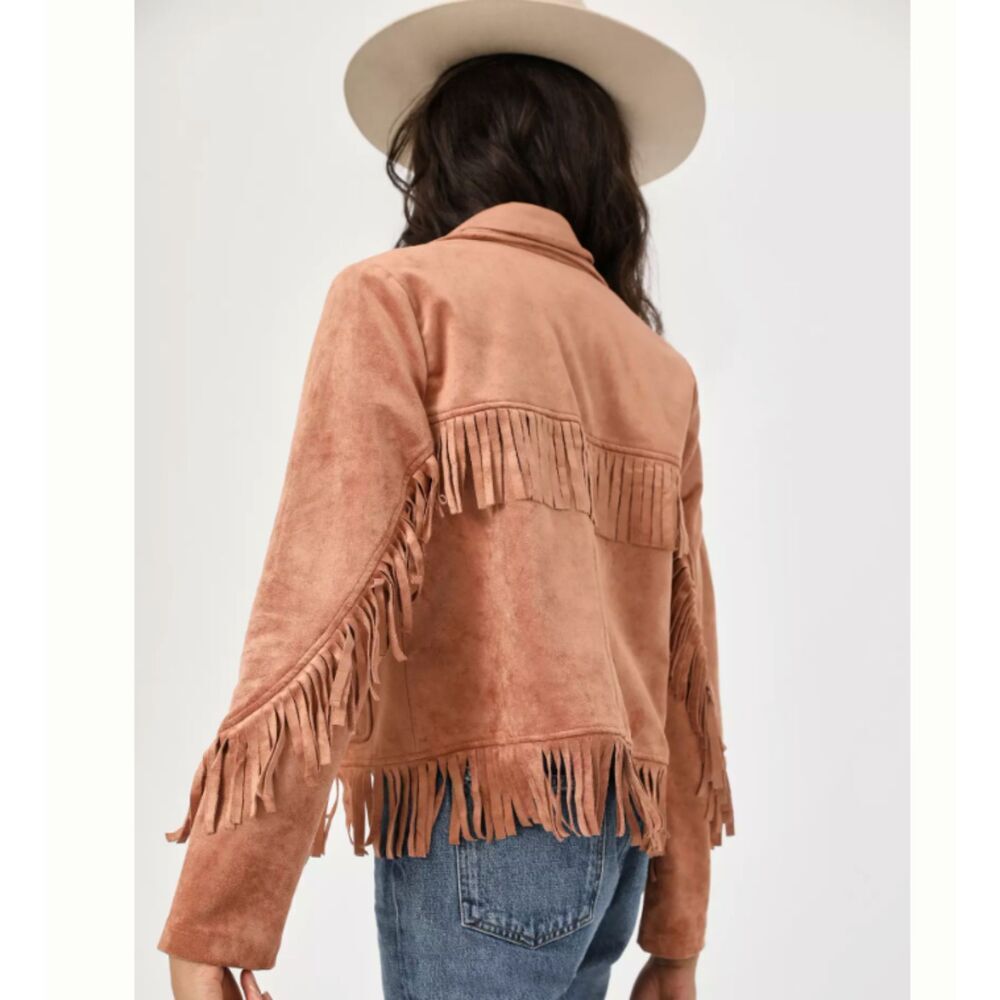 BB Dakota Terracotta Tan Thais Fringed Faux Suede Jacket Size Medium NWT - Picture 3 of 8